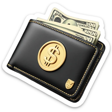 Rich emoji style black leather wallet with dollar bills, luxury money vibe, premium 3D emoji, ultra clean, high detail, no background sticker
