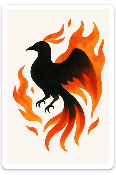 Transform this watercolor phoenix into a dark phoenix: make the bird's body black, with shining, vivid flames in orange, red, and yellow. Keep the background as is. sticker