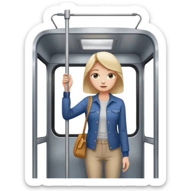 a young woman standing inside a modern train carriage. one hand is holding a vertical pole sticker