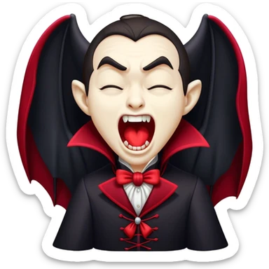 Cinematic Cute Yawning Vampire Portrait Emoji, with a small, rounded, charming pale face accented with tiny playful fangs and droopy, half-closed eyes, head tilted in an adorable wide yawn, dressed in miniature elegant dark attire with a hint of crimson, simplified yet irresistibly endearing, highly detailed with a soft, mysterious glow and gentle outline that captures the cute, drowsy side of an immortal! sticker