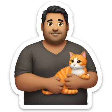 Dark haired overweight man holding large orange cat sticker