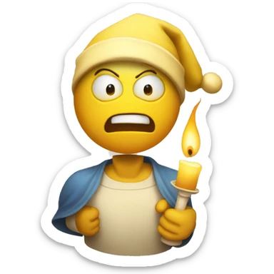 An angry yellow circle emoji wearing a nightcap and holding a candle sticker