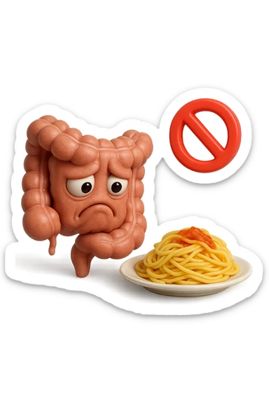 EMOJI STILE IPHONE DI un intestino umano anatomico triste mentre guarda un piatto di pasta con divieto 3d sopra: non la può mangiare, fagli anche la parte bianca degli occhi, non solo le pupille, REALISTICo 4K sticker