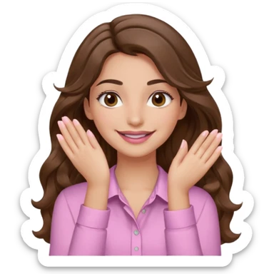 girl with wavy long brown hair, brown eyes, light to medium complexion, long lashes, light pink lipstick, wearing light pink shirt, smiling, hands covering over the eyes sticker