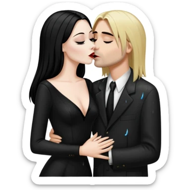 Realistic morticia addams kissing sweetly Kurt Cobain in the rain. sticker