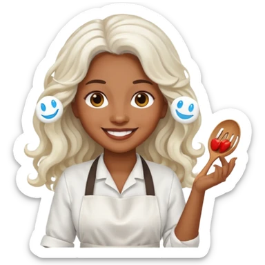 woman, brown skin, white long wavy hair, with apron sticker