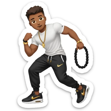 Handsome Black guy with brown skin tone, with muscular build, wearing black sweatpants, a white t-shirt, black Nike air max, a small gold rope chain, and a gold watch  sticker