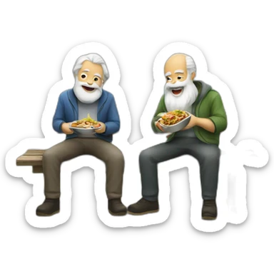 two old beard men eating shawarma on a bench on a park sticker