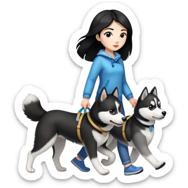 A black-haired girl walks a black and white husky sticker