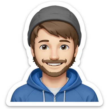 20 year old man, short scruffy beard and thin moustache, brown puffy mullet, blue eyes, big smile, white teeth, big lips, pronounced jaw, hair longer in back, sticking up on top, thin face, grey hooded sweatshirt, pale skin, big smile, blue eyes, puffy hair that is long in back sticker