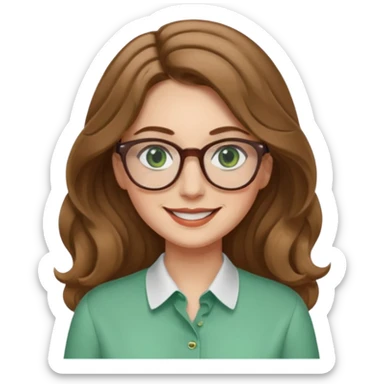 long wavy light brown hair woman with green eyes and glasses smiling closed mouth. middle part hair. medium thick eye brows sticker