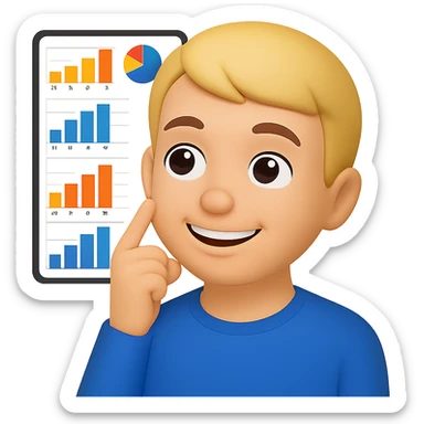 Person thinking with graphs in the background, smiling, in apple emoji style with a yellow background. sticker