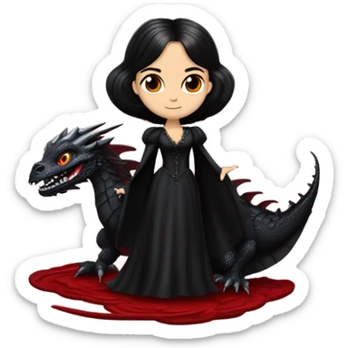 Lavish Victorian evening gown with gloves, Jenna Ortega as Morticia Addams Jedi wearing a mini tiara, riding on the back of a very large blood red evil-looking horned firedragon sticker