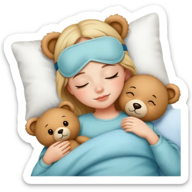 A girl Wearing a cute sleep mask is sleeping with a teddy sticker