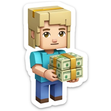 emoji style icon, minecraft blocky character holding a stack of money, pixel art style, bright colors, simple background, 3D glossy emoji, centered composition, soft shadow, high detail, clean outline, white background sticker