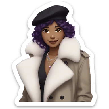 black hair, pale skintone, long messy hairstyle, beret hat, purple eyes, smile, long black trench coat with white fur around the neck, purple crystal earrings, purple crystal necklace sticker