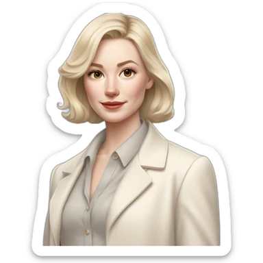 pale skin woman with ash blonde Straightened bob Hair, White Spacious classical jacket, beige palazzo Arrow pants and gray blouse holding white IPhone 15 pro in the hands sticker