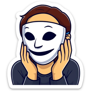 person holding a happy mask in front of their face, sad behind it sticker