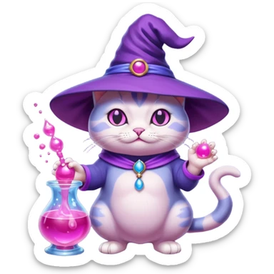 Purple witch cat full body with pink potion and blue potion bubbling  sticker