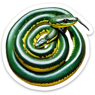 A photo-realistic top-down view of a Green Anaconda tightly coiled in a spiral, with its broad, flat head resting at the center. Its thick, muscular body is olive-green and covered in symmetrical, bold black oval spots that stand out against its smooth scales, creating striking natural camouflage. sticker