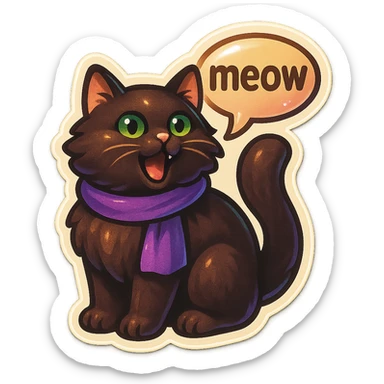 Fluffy meowing cute dark-brown cat with green eyes and a purple scarf saying ‘meow’ (with a speech bubble) sticker