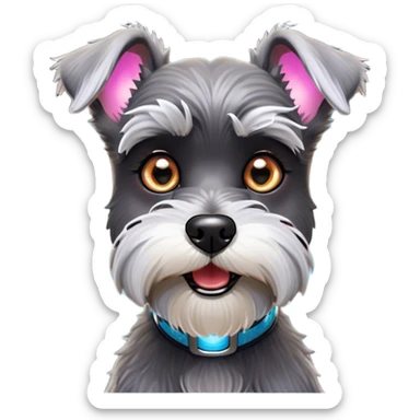 Cinematic Comical Miniature Schnauzer Portrait Emoji, Head tilted dramatically with a comically shocked expression and large, animated eyes, featuring a sharply defined salt-and-pepper fur with exaggerated, humorous eyebrows, simplified yet hilariously detailed, glowing with a bold, playful radiance, high shine, exuding a spirited and cheeky charm, styled with a soft glowing outline, capturing the essence of a Miniature Schnauzer that appears ready to dash into a burst of comic energy! sticker