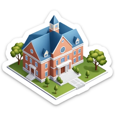 University campus fraternity, isometric dollhouse-style, realistic sticker