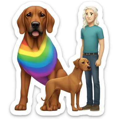 white male with long rainbow colored hair standing alongside a brown rhodesian ridgeback sticker