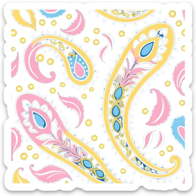 paisley motif, seamless pattern print in soft and bright blues, yellow, white and Bedazzled pink colors. Must be visually appealing, 4k hd, 3000x3000, DPI 300 sticker