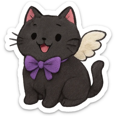 Add small angel wings to the cute chubby cat with a purple bow, black fur, and a playful expression. Keep the background transparent. The style should match the original image's look. sticker