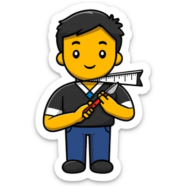 a man holding scissors in his hands and a tape measure hanging around his neck sticker