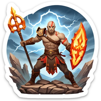 An icon showing a powerful warrior wielding a weapon, ready for battle, inspired by God of War: Ragnarok. The design features a fiery, war-torn landscape with broken statues and lightning in the sky, symbolizing epic combat. Transparent background highlights the action. sticker