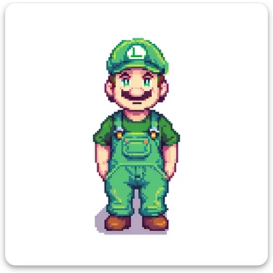 Luigi character in classic green hat and overalls, pixel art style sticker