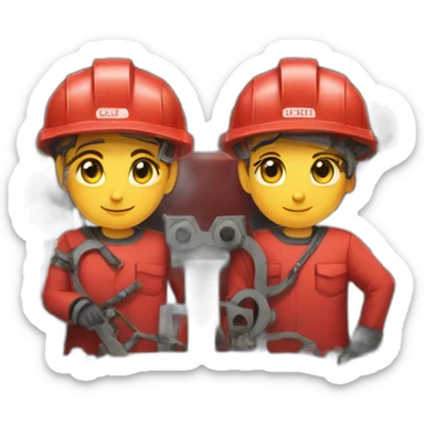 a team of two people dismantling industrial machinery wearing red uniforms with an "S" drawn as a logo. sticker