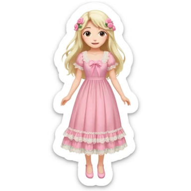 pastel anime woman with pink and white lace cottage dress full body and long hair with roses sticker