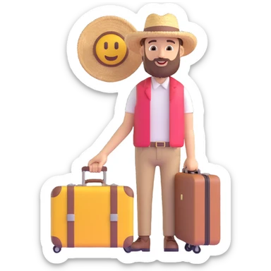 Make the bearded man with suitcase look younger while keeping the straw hat and travel vibe, in 3D emoji style, with no background. sticker