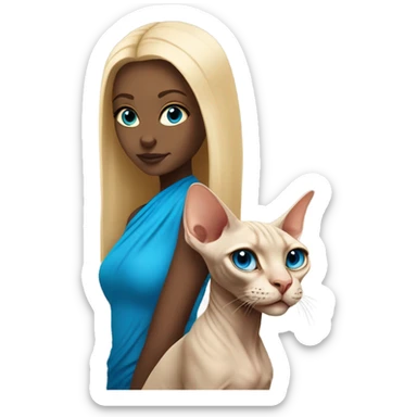 a blonde girl with blue eyes next to a Sphinx cat sticker