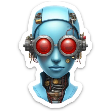 Light blue long female cyborg head with red steampunk goggles and circuits sticker
