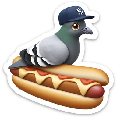 pigeon wearing New York yankee hat while lying on a hot dog sticker