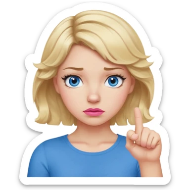 Girl Blonde short wavy hair,  blue eyes, cute blue top, long lashes, pink lips, thumbs down  sticker