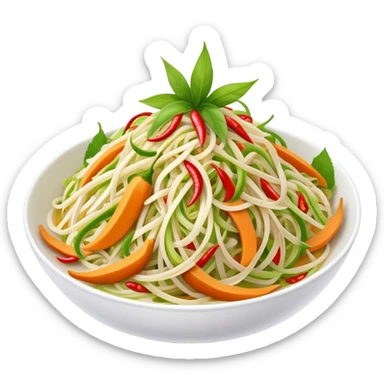 Cinematic Realistic Som Tam (Papaya Salad) Dish Emoji, featuring a spicy, tangy salad of shredded green papaya with chili and lime rendered with crisp textures and bright, lively lighting. sticker