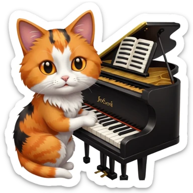 calico cat play piano, portrait sticker