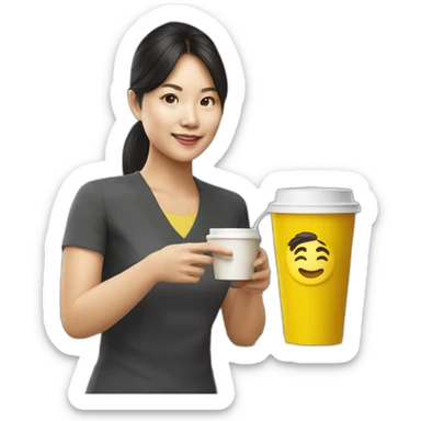 singaporean woman product manager with coffee in a yellow takeaway cup sticker