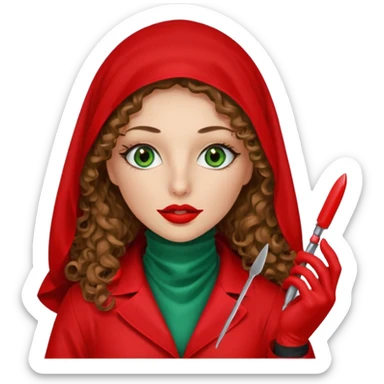Lilith symbol sexy evil woman. She has green eyes.  had brown long curly hair.  evil surgeon kills with scalpel wears red sexy doctor coat with red mouth cover red gloves. Covers nose, neck  and mouth with Muslim red berka sticker