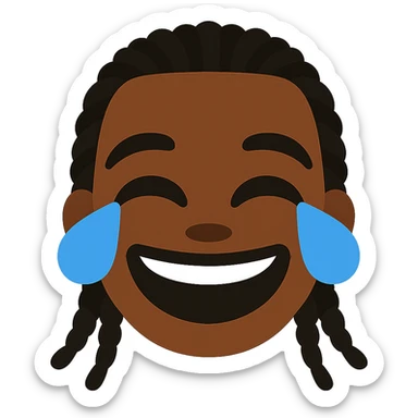 Transform this portrait into a simple and expressive emoji style with a joyful face laughing with tears of joy, black skin tone, and transparent background. The style should be joyful and clear, suitable for an emoji representation. sticker