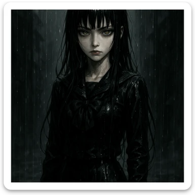 EchoMoon, silent mysterious anime girl, long black hair, sharp bangs, pale skin, amber green eyes, cold beauty, wet black school uniform, gloves, standing in rain, cinematic noir atmosphere, dramatic shadows, gothic shoujo, ultra-detailed sticker