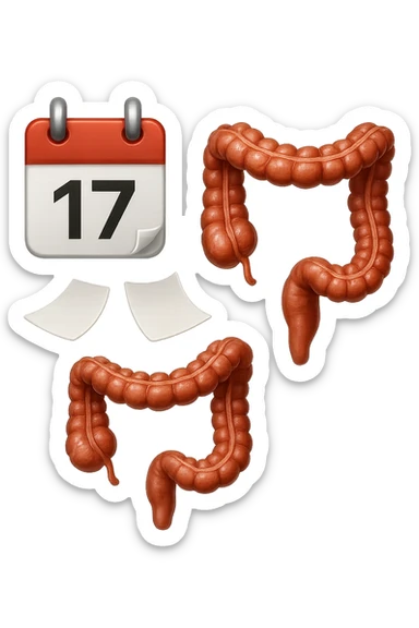 emoji stile iphone di un calendario con fogli che volano insieme a pezzi anatomici di colon umano, iperrealistico 4k, isolato su sfondo bianco sticker