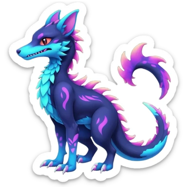 Kawaii dark edgy colorful abyssal vibrant neon glowing fantasy abyss-midnight-eline-vernid-sergal-fursona animal creature with a tufted tail full body with intricate markings  sticker