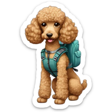 Light brown poodle with a backpack sticker