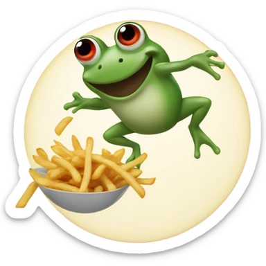 A frog jumping over the moon throwing French fries sticker